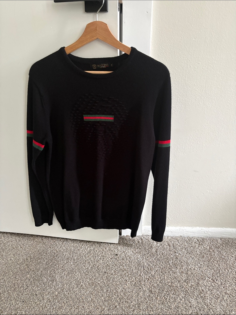 Men's Black Crewneck Sweater with Red & Green Stripe Detail